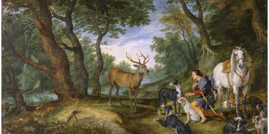 Pedro Pablo Rubens y Jan Brueghel el Viejo, La visión de san Huberto, 1617-20. Óleo sobre tabla. © Museo Nacional del Prado