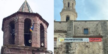 Iglesia de Prades con estelada y de Alforja con pancarta separatista.