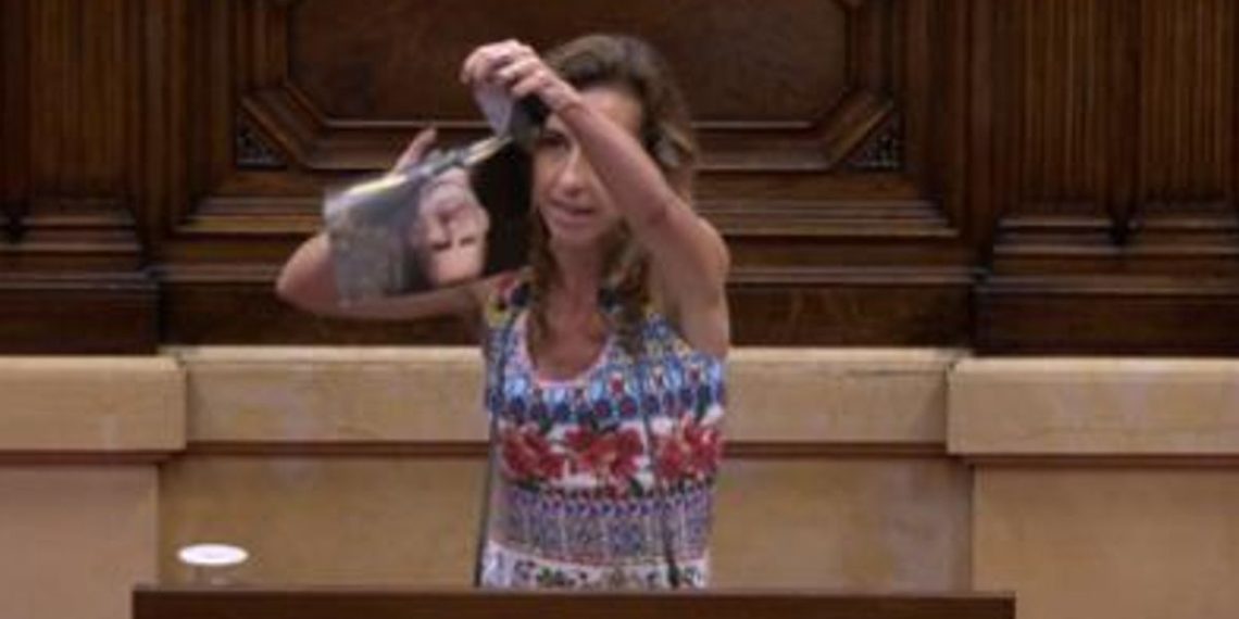 Laia Estrada (CUP) rompiendo una foto de Felipe VI. Foto: Canal Parlament.