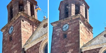 El campanario de la iglesia parroquial de Prades con la estelada y una vez retirada la estelada. Foto: S.C