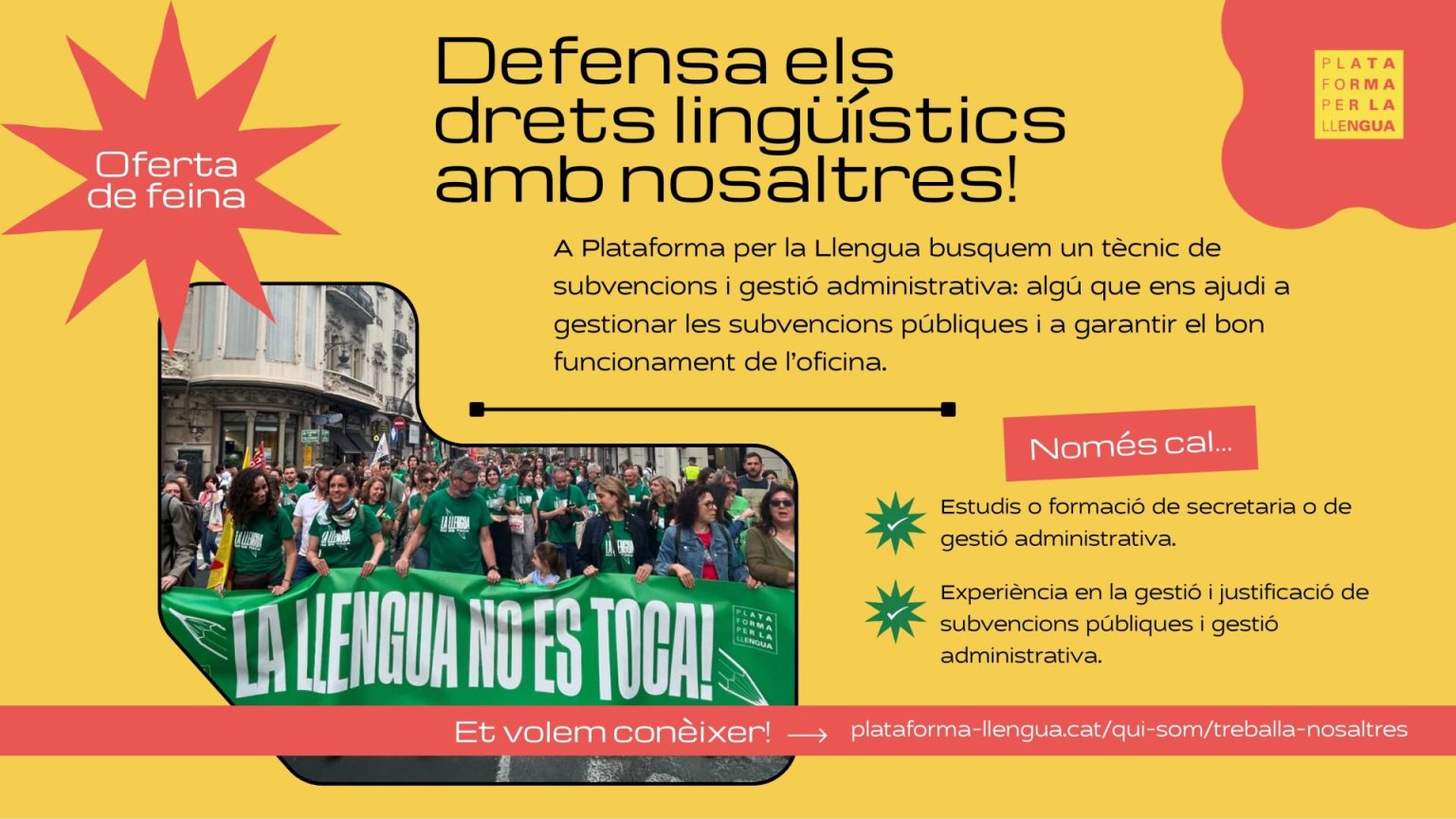 Plataforma per la Llengua ofrece empleo a un "técnico de subvenciones ...