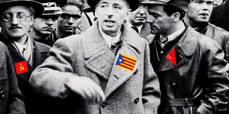 Lluís Companys junto al líder de la CNT-FAI, Josep García Oliver; y el cónsul soviético en Barcelona, Vladímir Antónov-Ovseenko. Imagen: S.C