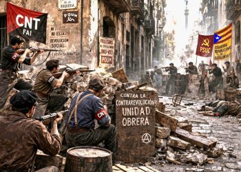 Recreación de una barricada en Barcelona en mayo de 1937 (S. Caamaño)