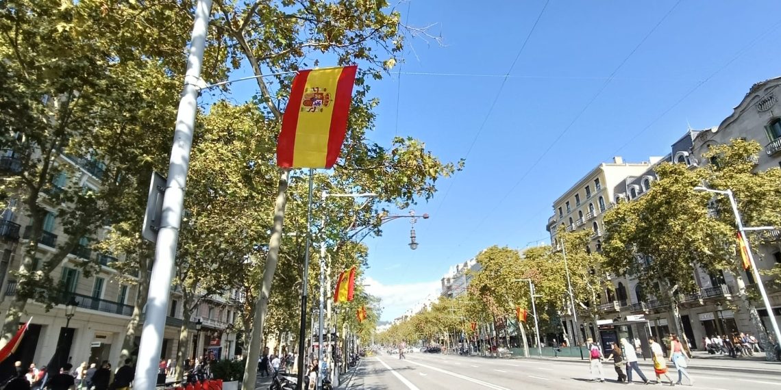 Banderas nacionales colgadas por Unión de Brigadas en el paseo de Gracia. Foto: Sergio Fidalgo