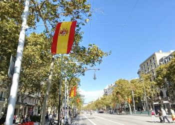 Banderas nacionales colgadas por Unión de Brigadas en el paseo de Gracia. Foto: Sergio Fidalgo